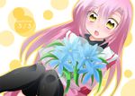  blush bouquet flower happy_birthday hayate_no_gotoku! katsura_hinagiku kuriyuzu_kuryuu long_hair pink_hair school_uniform serafuku solo thighhighs yellow_eyes 