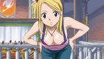  animated animated_gif bare_shoulders blonde_hair blush bouncing_breasts breasts brown_eyes cap cleavage denim fairy_tail fanservice gif jeans jewelry large_breasts lucy_heartfilia necklace pants solo stare staring zoom 
