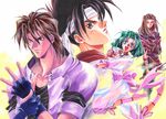  3boys 90s ahoge ankle_cuffs blue_eyes bow brown_eyes brown_hair coat eiji_shinjo ellis_(toushinden) gloves green_hair happy jewelry kayin_amoh leotard looking_at_viewer multiple_boys necklace open_mouth pants pink_bow ribbon scarf see-through see-through_sleeves sho_shinjo short_hair shuri_yasuyuki sword toushinden two-tone_background weapon white_leotard wrist_cuffs 