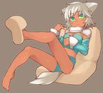  animal_ears bachera barefoot blush breasts cleavage copyright_request dark_skin green_eyes grey_hair legs midriff shoes short_hair shoulder_pads single_shoe sitting slippers small_breasts smile solo 