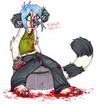  2006 blood blue_hair bracelet emo female hair heterochromia holly_massey jewelry lemur long_hair pants shirt sitting solo tail zeriara_(character) 