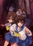  4girls black_hair brown_eyes brown_hair corpse_party dress hair_over_eyes hairband holding_hands mochida_satoshi mochida_yuka multiple_girls nakashima_naomi name_tag ninomoto official_art school_uniform shinohara_seiko shinozaki_sachiko 