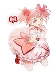  ;d antenna_(draconian) bow bubble_skirt choker gloves hair_bow kaname_madoka kneeling kyubey magical_girl mahou_shoujo_madoka_magica one_eye_closed open_mouth pink_hair puffy_sleeves red_choker shoes short_twintails signature skirt smile soul_gem twintails 