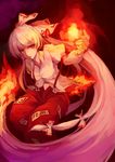  bow cigarette fire fujiwara_no_mokou gloves hair_bow highres long_hair mouth_hold nanahara_fuyuki navel panties pants ponytail red_eyes solo suspenders touhou underwear very_long_hair white_hair white_panties 