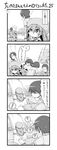  2girls 4koma blush_stickers chibi comic greyscale hanasaki_jin hat headset highres jizou_ami long_hair monochrome morino_ryoushi multiple_boys multiple_girls ookami-san ookami_ryouko shirosame skirt translated tree 