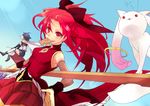  bad_id bad_pixiv_id bare_shoulders blue_hair boots bow building cape chia day detached_sleeves eating fish gloves hair_bow hair_ornament kyubey long_hair looking_at_viewer magical_girl mahou_shoujo_madoka_magica miki_sayaka multiple_girls open_mouth ponytail red_eyes red_hair sakura_kyouko short_hair sitting sky smile 
