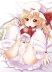  bad_id bad_pixiv_id blonde_hair blush cum cum_on_body cum_on_lower_body dress dress_in_mouth dress_lift flandre_scarlet hat lying mouth_hold on_back panties red_dress red_eyes side_ponytail solo tears thighhighs touhou underwear wet wet_clothes wet_panties white_legwear white_panties wings yukiu_kon 