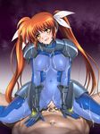  1girl assertive bodysuit brown_hair censored corruption cosplay cowgirl_position cum cum_in_pussy cyclone girl_on_top happy_sex hetero long_hair lyrical_nanoha mahou_shoujo_lyrical_nanoha_strikers mosaic_censoring numbers'_uniform open_mouth penis pov sex solo_focus straddling takamachi_nanoha twintails vaginal very_long_hair yellow_eyes 