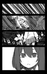  animal_ears cat_ears circle comic greyscale hood hoodie japanese_clothes jumping kitsune_(kazenouta) mask monochrome multiple_girls open_mouth original short_hair skirt sweatdrop 