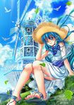 absurdres bird blue_eyes blue_hair bow cloud day dress earrings feet grass hat highres jewelry leaf long_hair nail_polish original ribbon sandals sitting sky solo songwut_ouppakarndee straw_hat toes windmill 