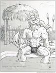  bulge cooner dragon looking_at_viewer male mesh_bikini muscles pool scalie solo swimsuit water 