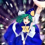  blue_capelet bow capelet danmaku from_above green_eyes green_hair hat long_hair mima motion_blur open_mouth robe solo staff touhou touhou_(pc-98) wizard_hat yukian 