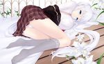  blue_eyes breasts cait flower jacket large_breasts legs long_hair looking_at_viewer lying mabinogi nao_(mabinogi) on_side open_clothes open_jacket panties revision silver_hair skirt smile socks solo underwear wallpaper white_panties wooden_floor 