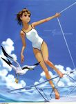  barefoot bird brown_eyes brown_hair cloud copyright_request day highres one-piece_swimsuit short_hair sky solo swimsuit yuuki_katsuhiko 