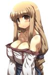  arc_the_lad bare_shoulders blonde_hair breasts brown_eyes cleavage highres large_breasts lieza long_hair simple_background solo tokyo_(great_akuta) 