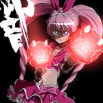  blue_eyes bow choker cure_melody dark eyelashes glowing hairband houjou_hibiki kamen_rider kamen_rider_hibiki kamen_rider_hibiki_(series) long_hair magical_girl namesake navel oni pink_bow pink_choker pink_hair precure shaded_face simple_background suite_precure tj-type1 twintails 