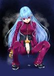  after_anal after_sex bad_id bad_pixiv_id belt blue_hair breasts catsuit censored chaps cropped_jacket cum cum_in_ass cumdrip full-length_zipper kirishima_satoshi kula_diamond large_breasts long_hair no_panties pussy red_eyes solo squatting the_king_of_fighters unzipped zipper 