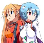  ayanami_rei blue_eyes blue_hair bob_cut bodysuit frown hair_ornament long_hair multiple_girls neon_genesis_evangelion open_mouth orange_hair plugsuit red_eyes shikinami_asuka_langley short_hair simple_background sketch souryuu_asuka_langley take_(office-t) upper_body white_bodysuit 