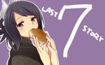  black_hair copyright_name food hoshihuri looking_at_viewer manamia_(the_last_story) purple_background purple_eyes ribbon scarf solo the_last_story 