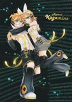  1girl aqua_eyes arm_warmers bad_id bad_pixiv_id blonde_hair brother_and_sister detached_sleeves formalin hair_ornament hair_ribbon hairclip headphones highres kagamine_len kagamine_len_(append) kagamine_rin kagamine_rin_(append) leg_warmers number popped_collar ribbon short_hair shorts siblings smile smirk twins vocaloid vocaloid_append 