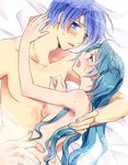  1girl aqua_eyes aqua_hair blue_eyes blue_hair blush breasts couple hatsune_miku hetero kaito long_hair lying nipples nude open_mouth small_breasts vocaloid yuh 