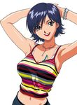  armpits arms_up blue_eyes blue_hair bra breasts camisole earrings jewelry katsura_ken'ichirou large_breasts lingerie lipstick makeup midriff miki_(viper) navel necklace short_hair simple_background smile solo tattoo underwear viper viper_ctr white_background 