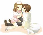  2boys annoyed blush brown_eyes brown_hair child crossdress crossdressing doctor dreadlocks endou_mamoru frown full_body hairlocs hat inazuma_eleven inazuma_eleven_(series) kidou_yuuto labcoat long_hair male_focus multiple_boys nurse nurse_cap open_mouth pantyhose red_eyes short_hair shota simple_background sitting stethoscope sweat trap uniform white_background yaoi 