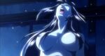  1girl afro_samurai areolae blue_hair bouncing_breasts breasts dojo earrings eyes_closed jewelry large_breasts lipstick long_hair makeup night nipples okiku_(afro_samurai) open_mouth orgasm solo sweat takashi_okazaki very_long_hair 