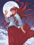  full_moon hairband long_hair long_skirt moon red_eyes red_hair red_skirt ribbon skirt solo toono_akiha tsukihime vermillion_akiha very_long_hair white_hairband yizumi 