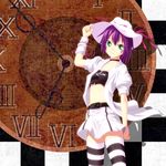  clock green_eyes hat highres merry_nightmare midriff purple_hair retishia ribbon short_hair skirt solo striped striped_legwear thighhighs yumekui_merry 