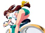  90s artist_request ass battle_athletes bicycle brown_hair ground_vehicle kanzaki_akari long_hair low-tied_long_hair open_mouth simple_background solo white_background wrist_cuffs 