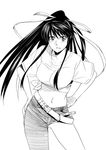  1girl belt black_and_white black_eyes black_hair breasts denim hair_ornament hands_on_hips jeans kanzaki_kaori large_breasts legs long_hair looking_at_viewer midriff monochrome navel pants ponytail simple_background smile standing thighs to_aru_majutsu_no_index white_background 