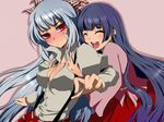  black_hair blush bow fujiwara_no_mokou glomp hair_bow hair_ribbon houraisan_kaguya hug long_hair matarou_(genkai_toppa) multiple_girls red_eyes ribbon silver_hair suspenders touhou 