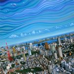  city cityscape cloud copyright_request dutch_angle landmark no_humans ocean oil_painting_(medium) real_world_location scenery sky tokyo_(city) tokyo_rainbow_bridge tokyo_tower traditional_media 