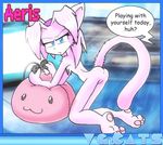  aeris_(vg_cats) all_fours bean_bag blue_eyes cat chest_tuft dialogue english_text feline female hair looking_at_viewer pink pink_hair raised_tail short_hair short_pink_hair solo tail unknown_artist vgcats video_games 