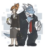  anthro city_planning_department couple dragon dress female glasses greening hair handbag human male plantigrade red_hair scalie shoes short_hair skirt standing suit tail tie white_hair 