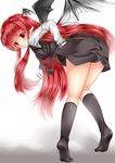 aldehyde ass bad_id bad_pixiv_id bat_wings bent_over black_legwear blush colored_eyelashes demon_tail head_wings highres kneehighs kneepits koakuma long_hair looking_back no_shoes pointy_ears red_eyes red_hair skirt smile solo tail tail_wagging teasing tiptoes touhou vest wings 