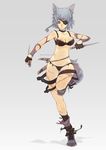  animal_ears bikini boots braid breasts cleavage collar collarbone dual_wielding eyepatch fingerless_gloves gloves grey_hair holding ian_olympia knife medium_breasts navel original reverse_grip scar short_hair solo swimsuit tail weapon wolf_ears wolf_tail yellow_eyes 
