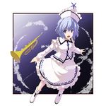  bad_id bad_pixiv_id blue_eyes blue_hair dress hat highres instrument merlin_prismriver smile solo touhou trumpet tsuttsu white_dress 