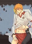  2boys bleach blonde_hair blush kim_pang-e kurosaki_ichigo multiple_boys orange_hair shirt_lift urahara_kisuke yaoi 