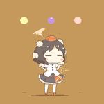  black_hair blush blush_stickers brown brown_background chibi closed_eyes geta hat inishie kneehighs shameimaru_aya short_hair short_sleeves skirt solo standing stomach_growling tengu-geta tokin_hat touhou 