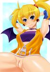  1girl @ma? aq_interactive arcana_heart atlus bat_wings blonde_hair blue_eyes censored demon_girl examu fang female lilica_felchenerow nipples pussy smile solo tomatto_(@ma!) uncensored wings 