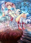  brown_eyes clockwork gears gloves kaname_madoka kuromai kyubey magical_girl mahou_shoujo_madoka_magica petticoat pink_hair red_eyes shoes soul_gem tears twintails white_legwear 