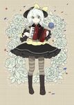  accordion confetti eyeball flower grey_legwear hat instrument kakueki-teisha komeiji_koishi pantyhose rose short_hair silver_hair solo standing striped striped_legwear third_eye touhou white_flower white_rose 