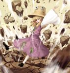  arm_up blonde_hair blurry broken_ground brown_eyes crack depth_of_field hat moriya_suwako motion_blur one_eye_closed pointing rock solo touhou tsun_(tsutaya01) 