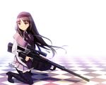  akemi_homura anti-materiel_rifle checkered checkered_floor gun hairband kneeling magical_girl mahou_shoujo_madoka_magica pantyhose rifle sniper_rifle solo tsurusaki_yuu weapon 