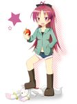  apple boots food fruit holding holding_food holding_fruit kyubey long_hair mahou_shoujo_madoka_magica ponytail red_eyes red_hair sakura_kyouko sr_soba 