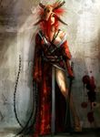  alonso512 areola_slip areolae blood breasts chain katana mask medium_breasts original red_eyes red_hair scar solo stitches sword wall weapon 