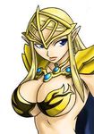  armor blonde_hair blue_eyes breasts cape capelet chaos_breaker elf fina_(chaos_breaker) helmet jewelry large_breasts long_hair lots_of_jewelry lowres mantle nipple_covers pointy_ears shoulder_pads 