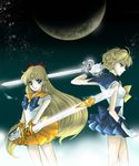  aino_minako back_bow bishoujo_senshi_sailor_moon blonde_hair blue_choker blue_eyes blue_sailor_collar blue_skirt bow choker crescent_moon elbow_gloves frown gloves hair_ribbon half_updo long_hair magical_girl moon multiple_girls orange_choker orange_sailor_collar orange_skirt red_bow ribbon sailor_collar sailor_senshi sailor_senshi_uniform sailor_uranus sailor_venus sarashina_kau school_uniform serafuku serious short_hair skirt space space_sword sword ten'ou_haruka tiara very_short_hair weapon yellow_bow 